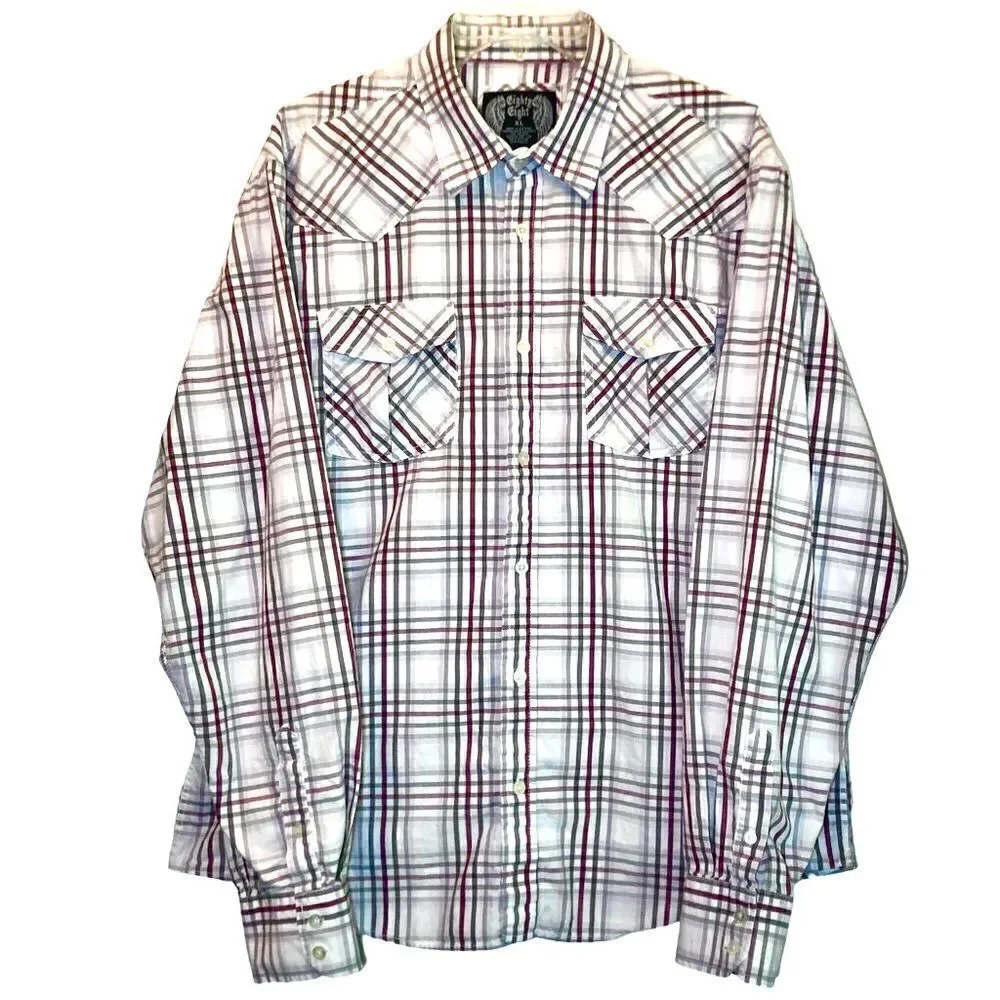 Eighty Eight Plaid Western Long Sleeve Shirt in White/Grey/Burgundy Men’s XL
